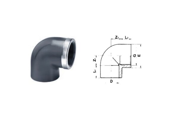 PVC Winkel 90º - Klebemuffe x  IG mit Edelstahl Verstärkungsring (16 Bar) 20 mm x ½"