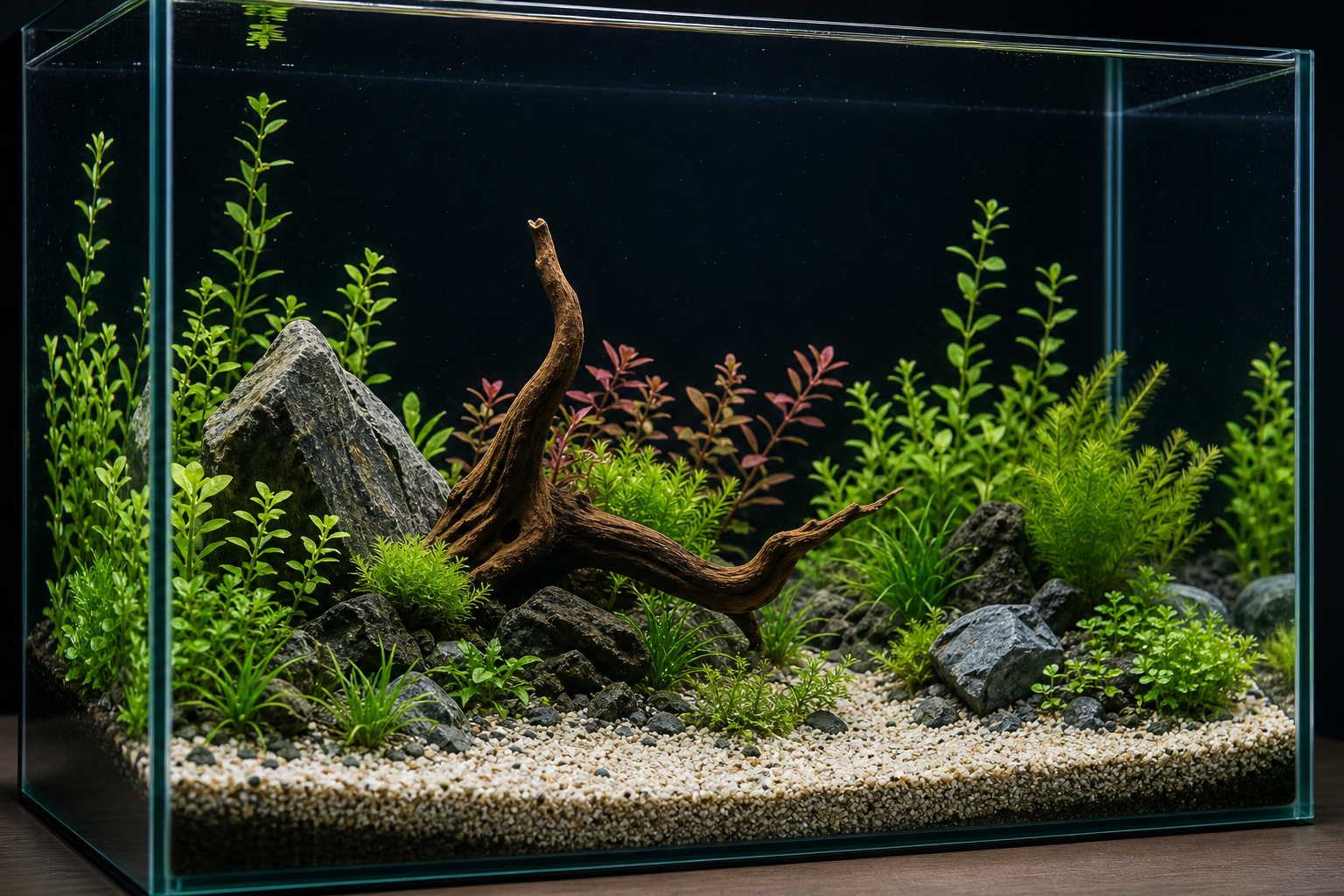 Frisch eingerichtetes bepflanztes Aquarium mit schwarzer Rückwand, Wurzel, Steinen und hellem Bodengrund