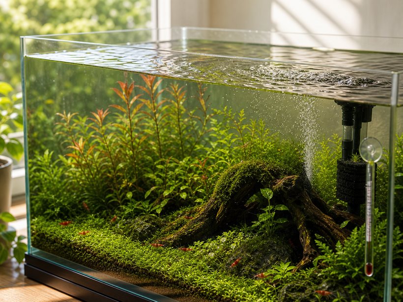 Aquarium mit bewegter Wasseroberfläche und zusätzlicher Sauerstoffversorgung