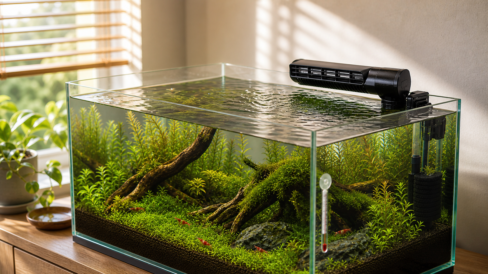 Sommerliches Garnelenaquarium mit Aquarium-Lüfter, Wasserbewegung und Thermometer