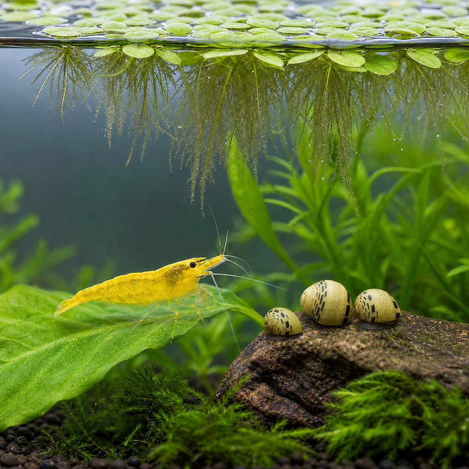 Yellow Fire Garnele mit Fancy-Geweihschnecken und Salvinia im Aquarium